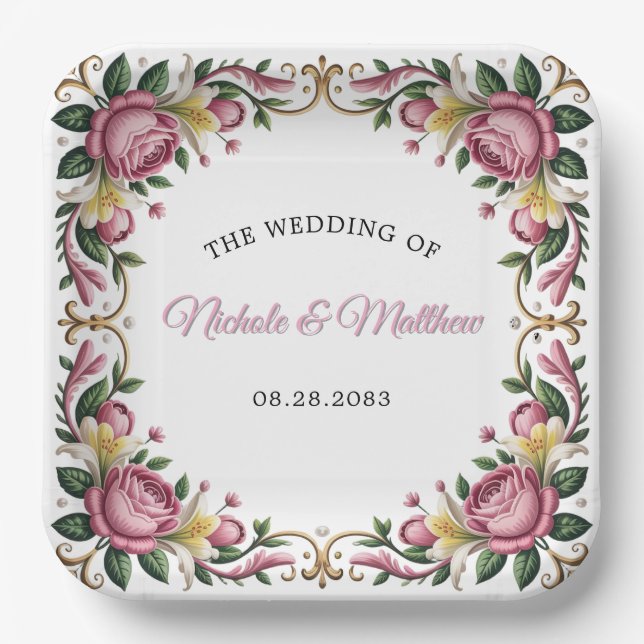 Pink Peonies Rokoko Frame Wedding Pappteller (Vorderseite)