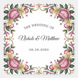 Pink Peonies Rokoko Frame Wedding Quadratischer Aufkleber