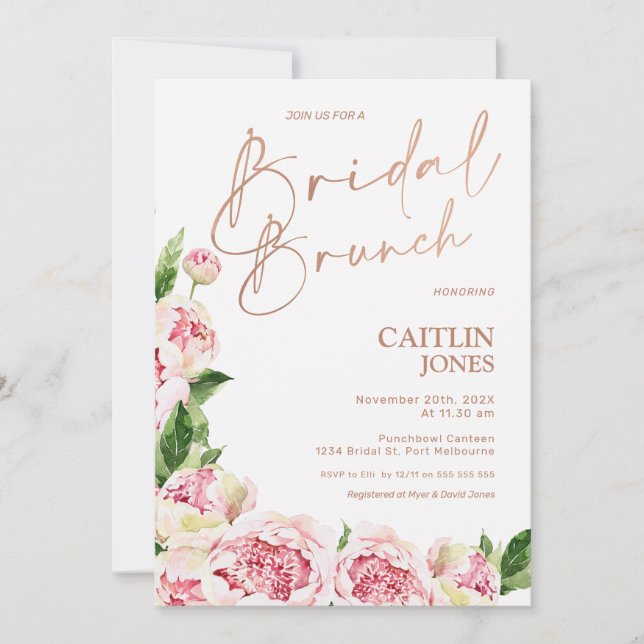 Pink Peonies Rose Gold Bridal Brunch Brunch Dusche Einladung (Vorderseite)