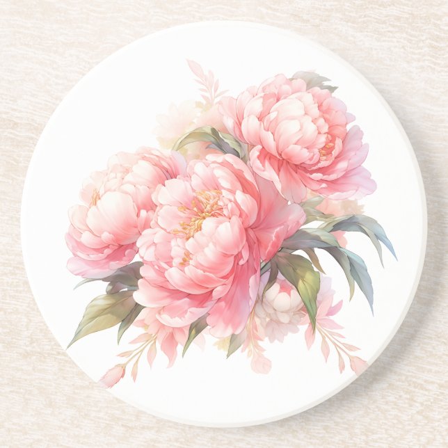Pink Peonies Sandstone Untersetzer (Vorne)