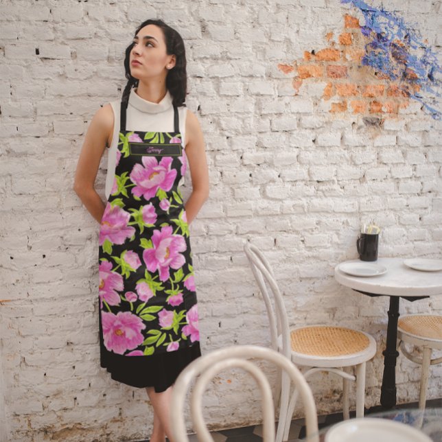 Pink Peonies Schwarzer Hintergrund Schürze (Von Creator hochgeladen)