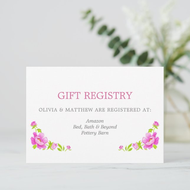 Pink Peonies Silver Wedding Gift Registry Begleitkarte (Stehend Vorderseite)