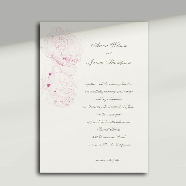 Pink Peonies Sketch Formal Calligrafy Wedding Einladung (pink peonies wedding invitation formal traditional calligraphy casual modern classic)