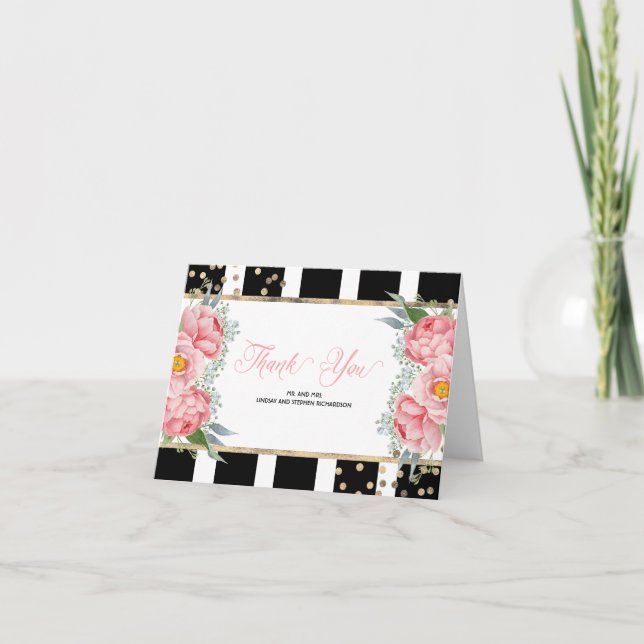 Pink Peonies und Black Stripes Elegant Vielen Dank Dankeskarte (Vorderseite)