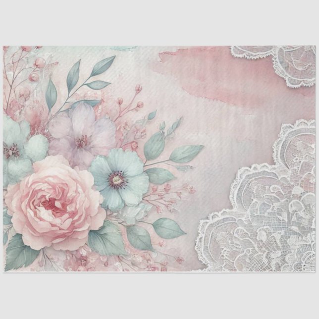 Pink Peonies und Blumen auf rosa, weiße Spitzen Seidenpapier (Vorderseite)