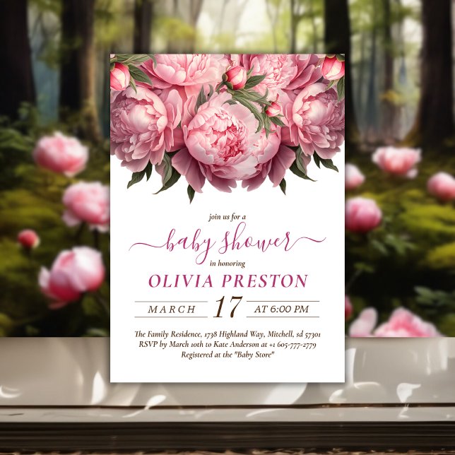 Pink Peonies Watercolor Babydusche Einladung (Pink Peonies Watercolor Baby Shower Invitation)