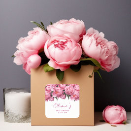 Pink Peonies Watercolor Babydusche Quadratischer Aufkleber