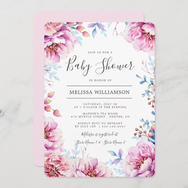 Pink Peonies Watercolor Blumenbaby Dusche Einladung (Vorne/Hinten)