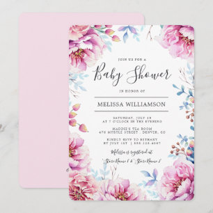 Pink Peonies Watercolor Blumenbaby Dusche Einladung