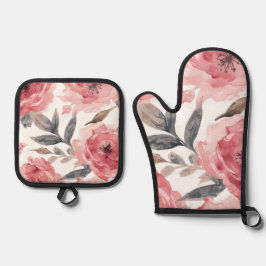 Pink Peonies Watercolor Floral Botanical Painted Ofenhandschuh & Topflappen-Set