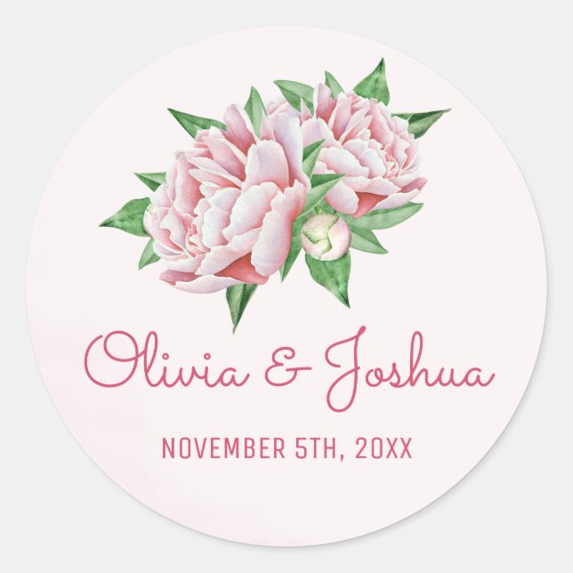 Pink Peonies Watercolor Wedding Stickers (Vorderseite)