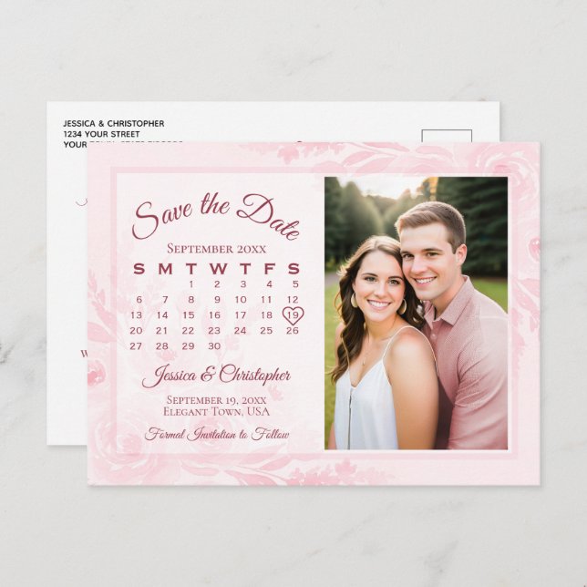 Pink Peonies Wedding Save the Date Calendar Photo Ankündigungspostkarte (Vorne/Hinten)