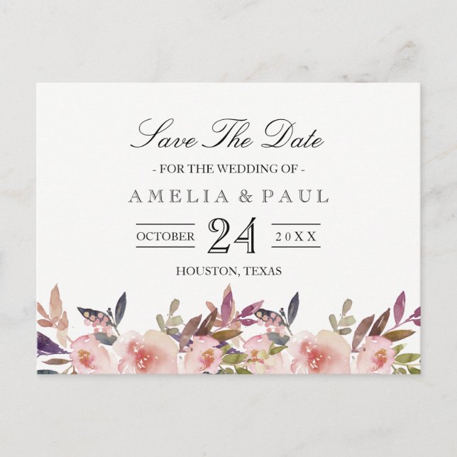 Pink Peonies Wedding Save the Date Postcard Ankündigungspostkarte (Vorderseite)