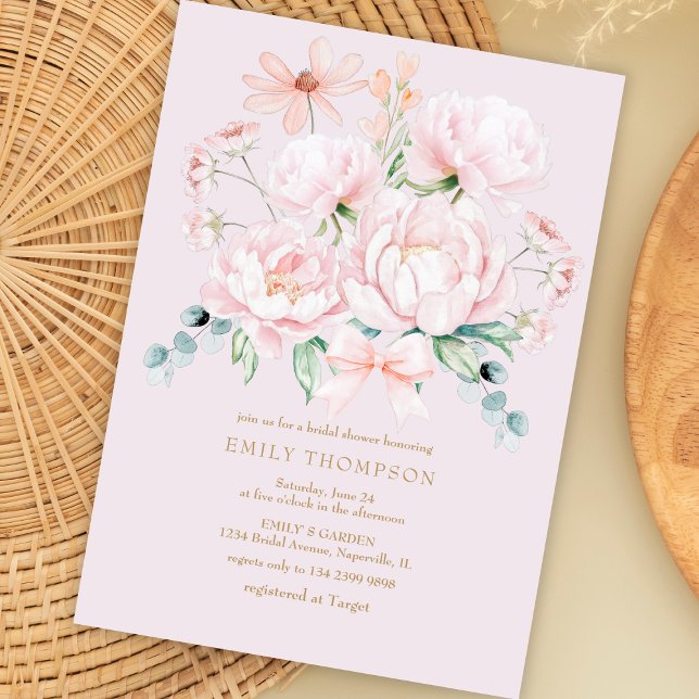 Pink Peonies Wildblumen Bow Garden Brautparty Einladung (Von Creator hochgeladen)