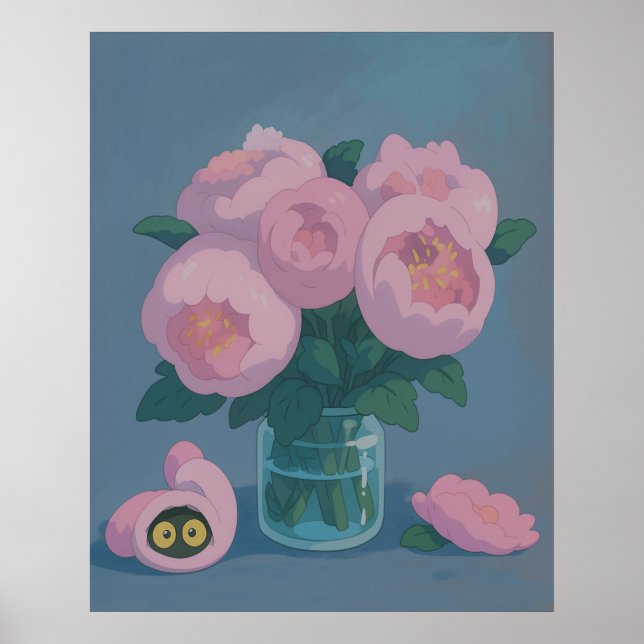 Pink Peonies with Hidden Cat Eyes Poster (Vorne)