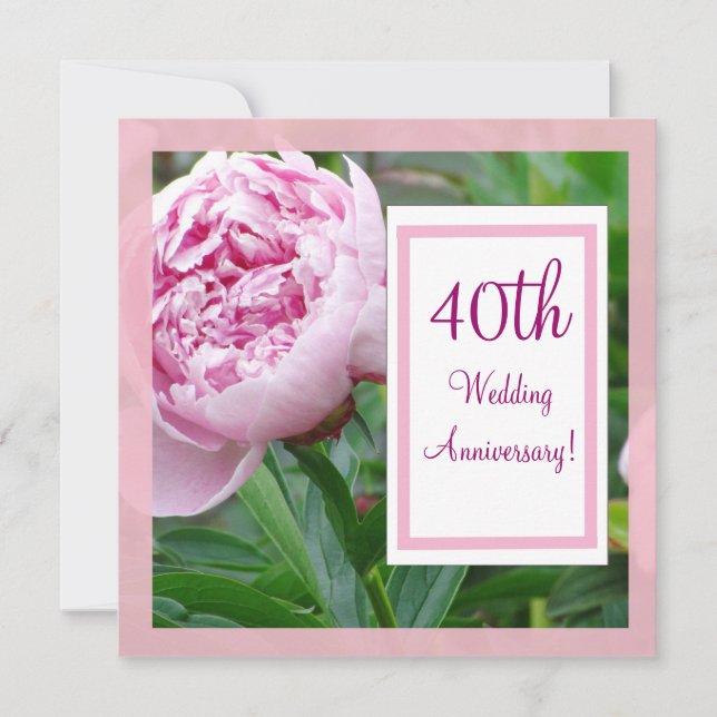 Pink Peony 40. Wedding Anniverary Einladung (Vorderseite)