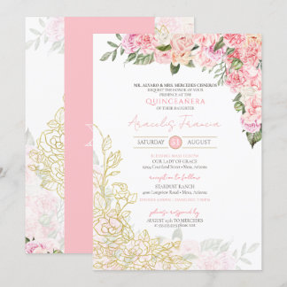 Pink Peony and Gold Floral Quinceanera Quince Anos Einladung