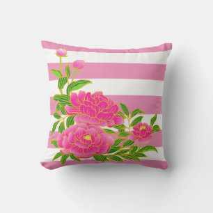 Pink Peony Blume auf Strip Background Summer Kissen