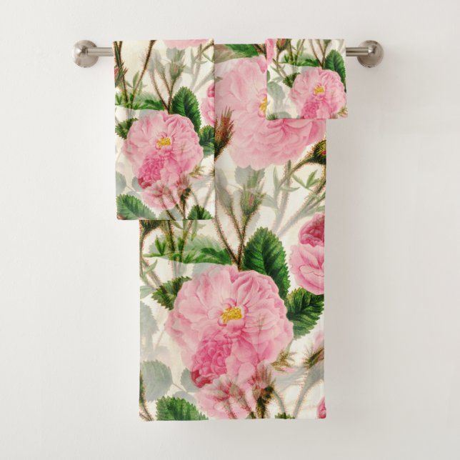 Pink Peony Blume, Blätter & Buds Muster  Badhandtuch Set (Insitu)