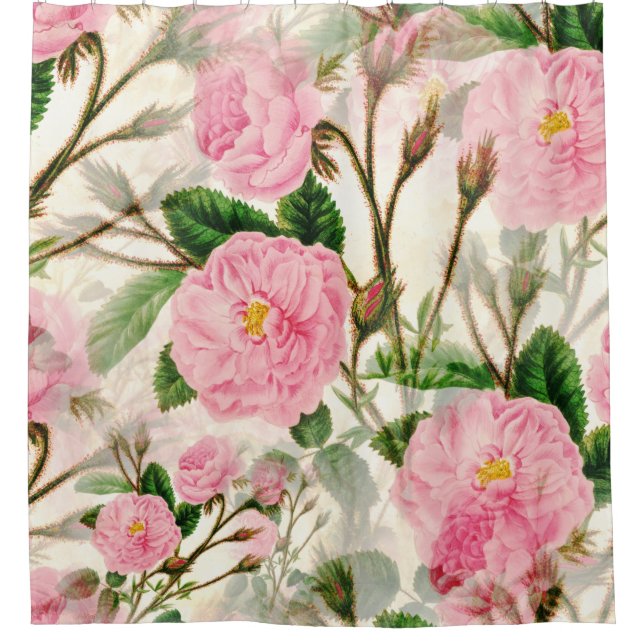 Pink Peony Blume, Blätter & Buds Muster Duschvorhang (Vorderseite)