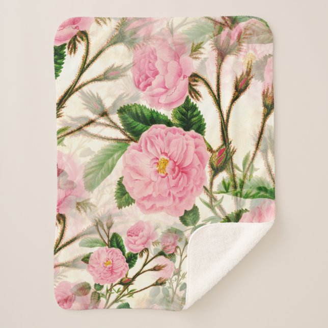 Pink Peony Blume, Blätter & Buds Muster Sherpadecke (Vorderseite)