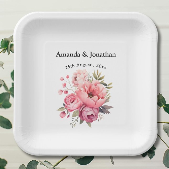 Pink Peony Blume Bouquet Monogram Wedding Pappteller (Von Creator hochgeladen)