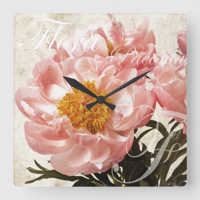 Pink Peony Blume Marble Script Hintergrund Quadratische Wanduhr (Vorderseite)