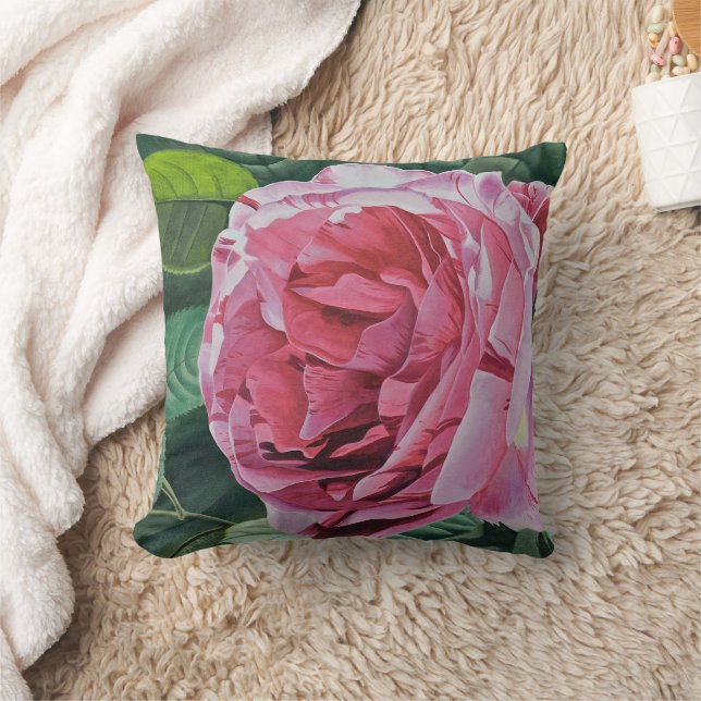 Pink Peony Blume mit grünen Blätter, solide Rückse Kissen (Decke)