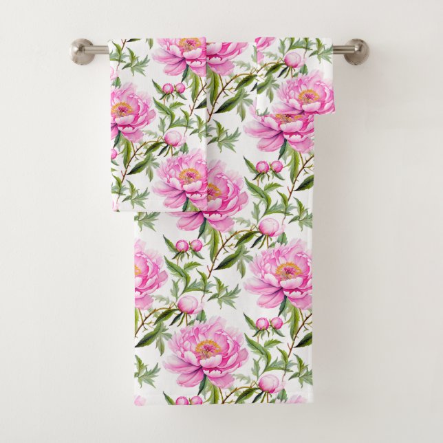 Pink Peony Blume mit Sage Green Blätter Badhandtuch Set (Insitu)