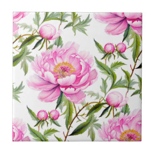 Pink Peony Blume mit Sage Green Blätter Fliese