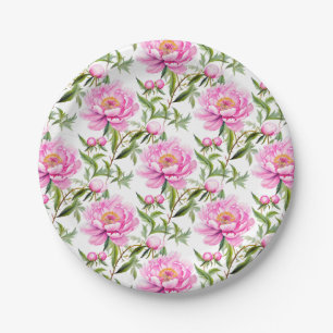 Pink Peony Blume mit Sage Green Blätter Pappteller