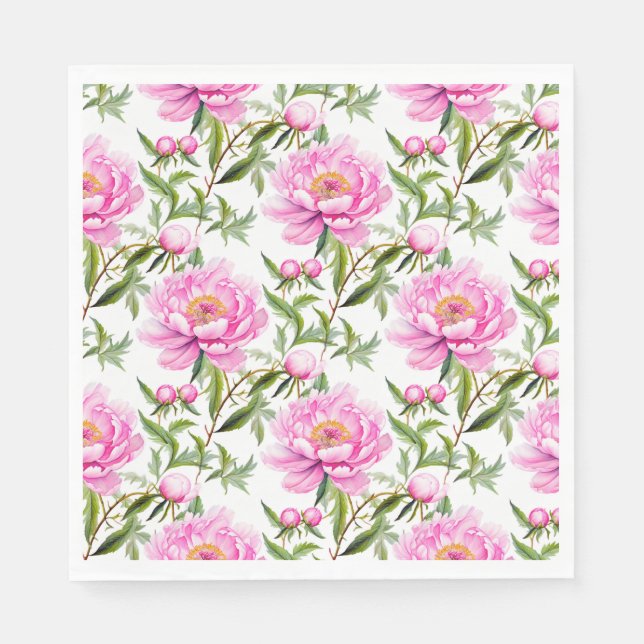 Pink Peony Blume mit Sage Green Blätter Serviette (Vorderseite)
