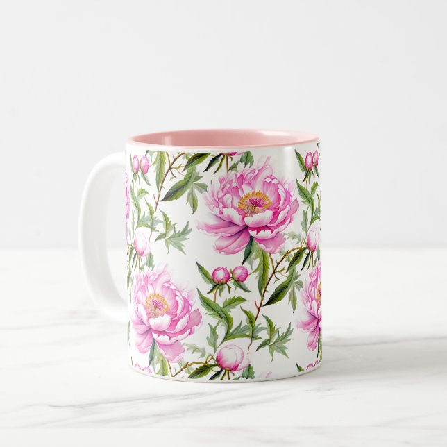 Pink Peony Blume mit Sage Green Blätter Zweifarbige Tasse (Vorderseite Links)