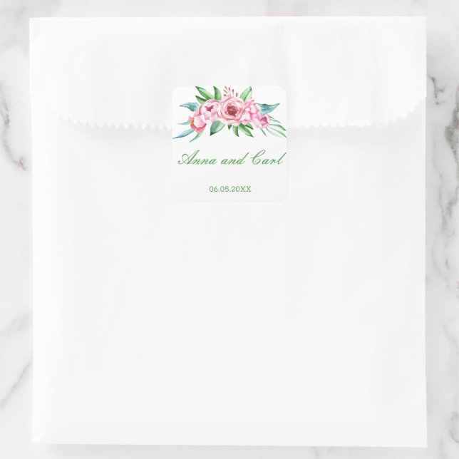 Pink PEONY Blume PERSONALISIERT Quadratischer Aufkleber (Tasche)