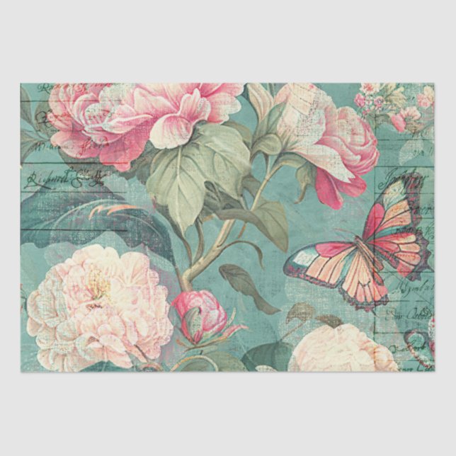 Pink Peony Blumen Butterfly Aquamarin Decoupage Cr Seidenpapier (Vorderseite)
