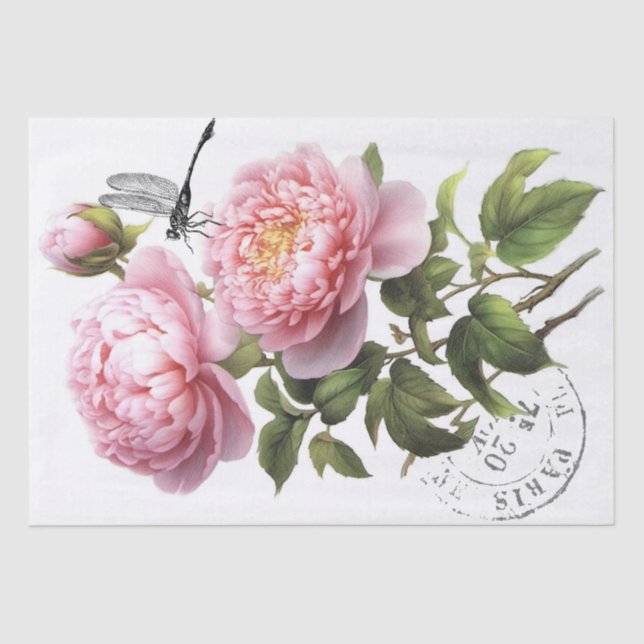 Pink Peony Blumen Dragonfly Französische Postmark  Seidenpapier (Vorderseite)