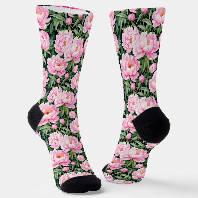 Pink Peony Blüten auf einem grünen Hintergrund Socken (Gewinkelt)