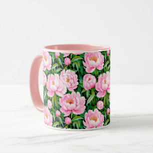 Pink Peony Blüten auf einem grünen Hintergrund Tasse