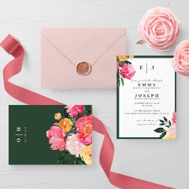 Pink Peony Boquet Floral auf grüner Hochzeit Einladung