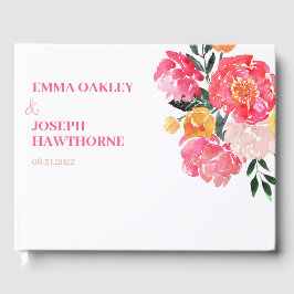 Pink Peony Boquet Floral auf grüner Hochzeit Gästebuch