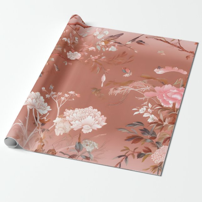 Pink Peony Chinoiserie Wrapping Paper Geschenkpapier (Ungerollt)