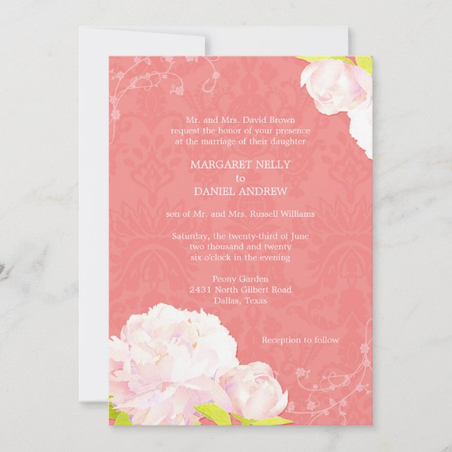 Pink Peony Coral Shades Wedding Einladung (Vorderseite)