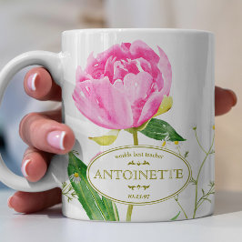 Pink Peony & Daisy Illustriert Name & Datum Kaffeetasse