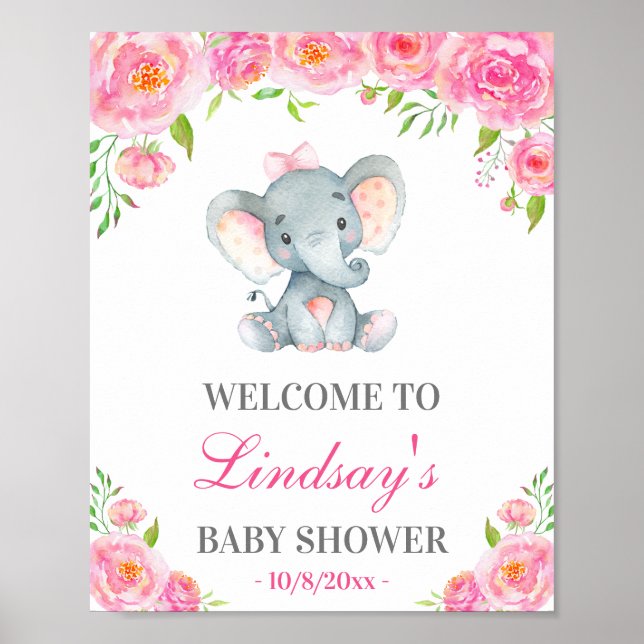 Pink Peony Elephant Girl Baby Dusche Begrüßungszei Poster (Vorne)