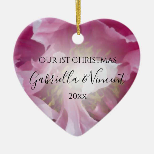 Pink Peony First Christmas Zusammen Keramikornament (Vorne)