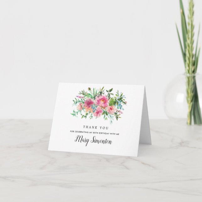 Pink Peony Floral 80. Geburtstag Foto Dankeskarte (Vorderseite)