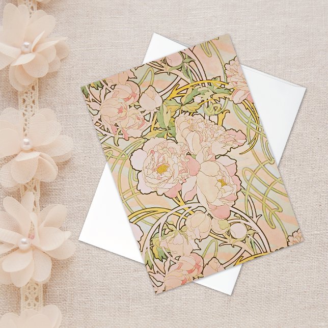 Pink Peony Floral Alphonse Mucha Note Card (Von Creator hochgeladen)