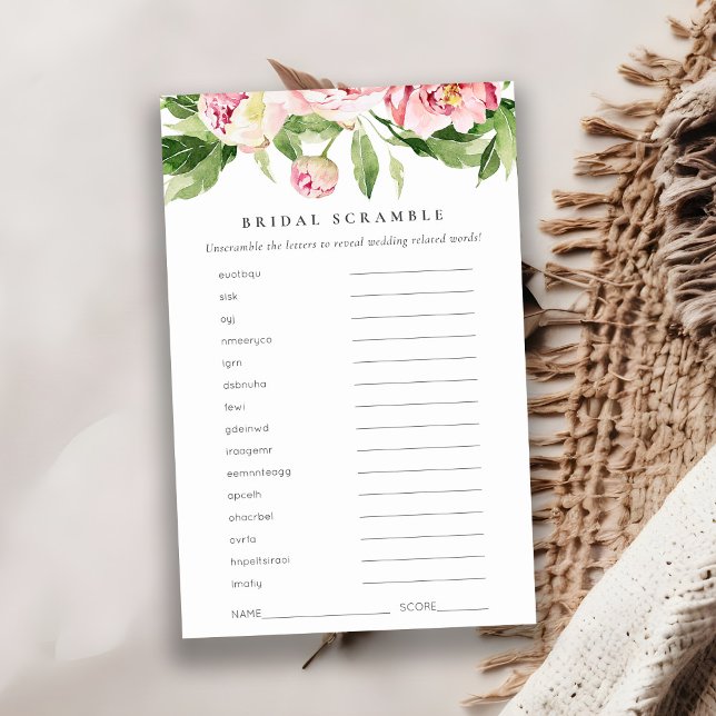 Pink Peony Floral Brautparty Word Scramble Game (Von Creator hochgeladen)