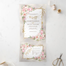 Pink Peony Floral Gold Script & Frame Dreifach Gefaltete Einladung
