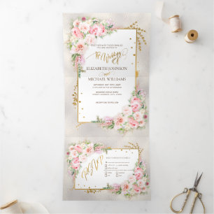 Pink Peony Floral Gold Script & Frame Dreifach Gefaltete Einladung